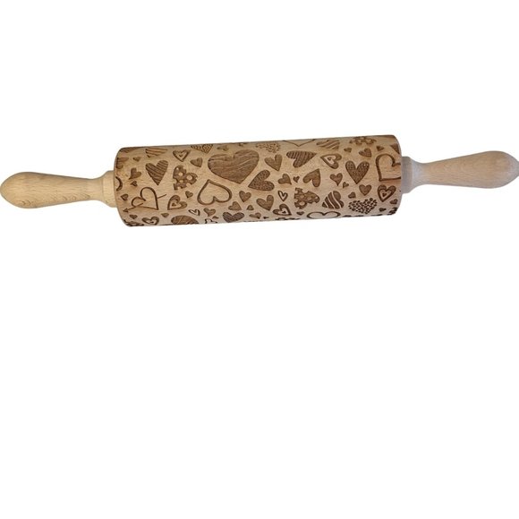 WOODEN Rolling Pin Embossed Hearts Print Bakers Tool Kitchen Accessories 15" - Picture 1 of 5